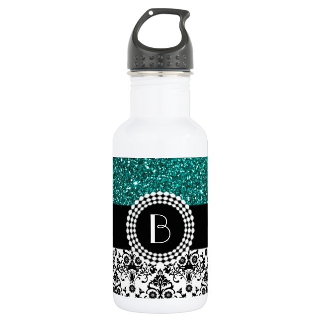 Elegant Glitter and Damask Pattern with Monogram 532 Ml Water Bottle (Front)