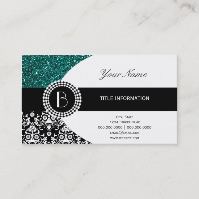 Elegant Glitter and Damask Pattern with Monogram Business Card (Front)