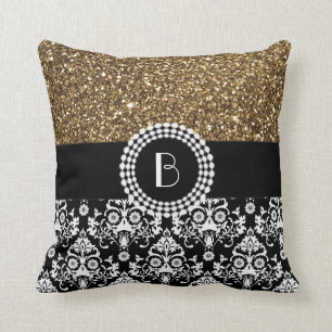Elegant Glitter and Damask Pattern with Monogram Cushion