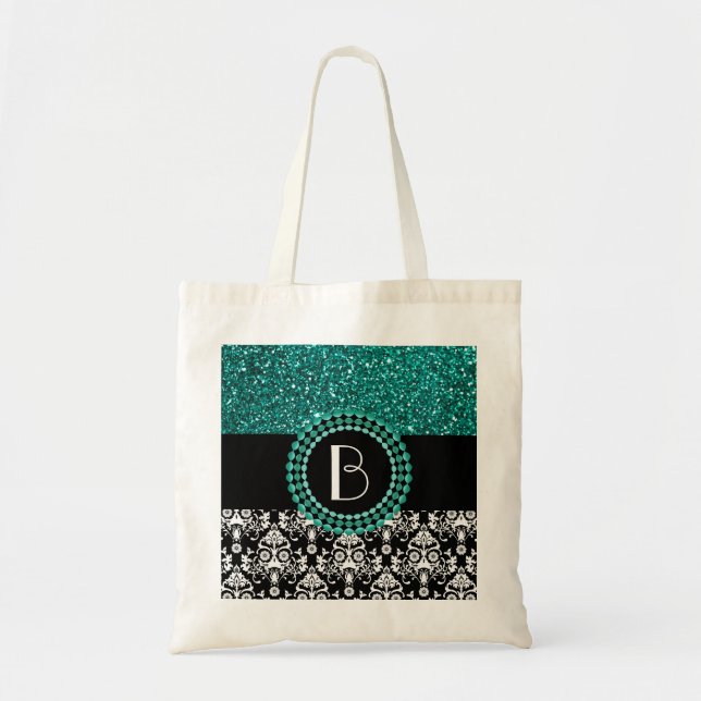 Elegant Glitter and Damask Pattern with Monogram Tote Bag (Front)