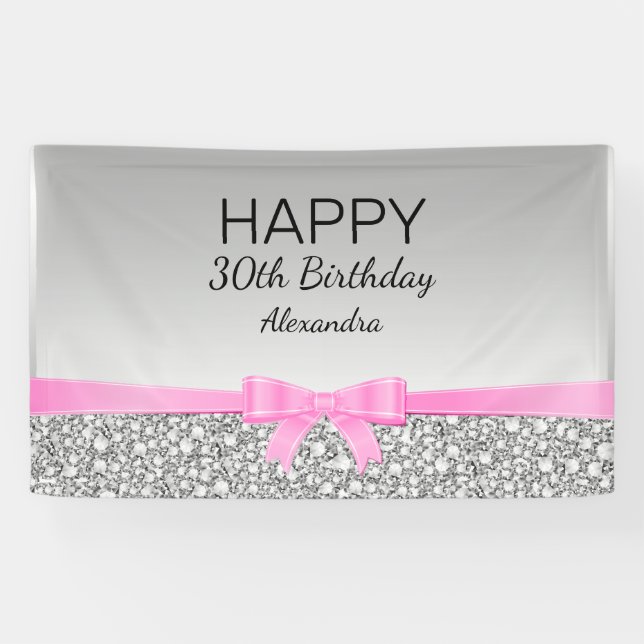 Elegant Glitter And Pink Ribbon Birthday Banner (Horizontal)