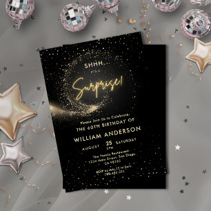 Elegant Glitter Black and Gold Surprise Party  Invitation