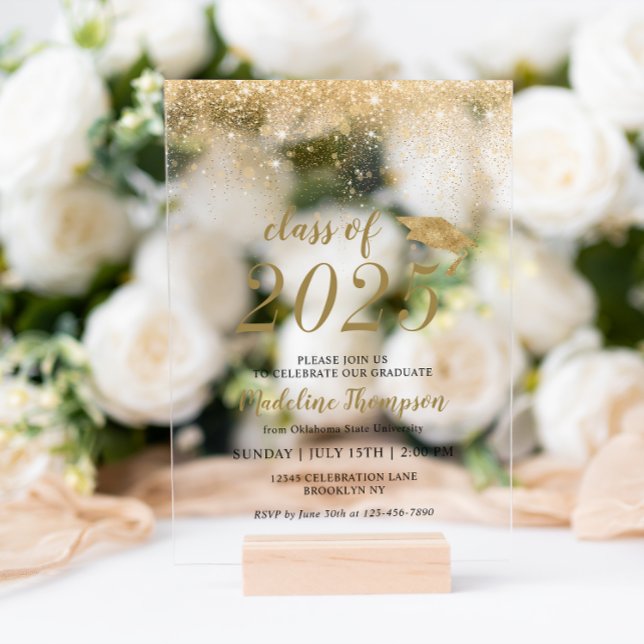 Elegant Glitter Black Gold Hat Graduation Party Acrylic Invitations (Creator Uploaded)