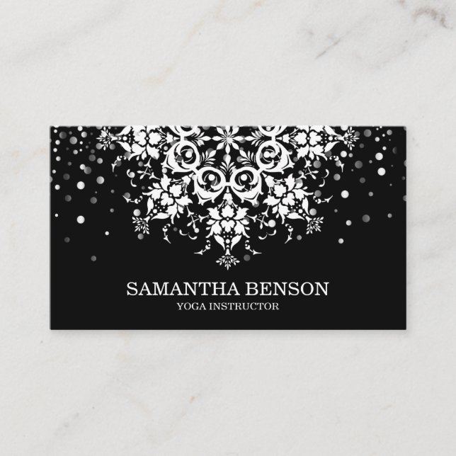 Elegant Glitter Black & white Flower Logo Yoga Business Card (Front)