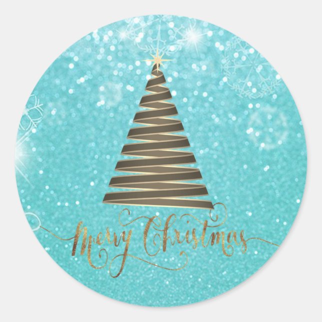 Elegant Glitter Blue Christmas Tree Classic Round Sticker (Front)