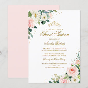 Elegant Glitter Blush Gold Floral Sweet Sixteen Invitation