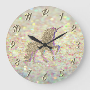 Elegant  Glitter Bokeh , Gold Glitter Unicorn Large Clock