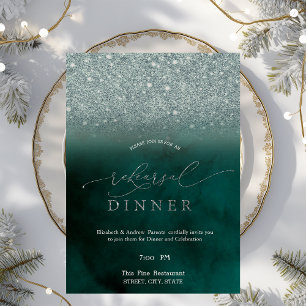 Elegant Glitter Bokeh Green Rehearsal Dinner   Invitation