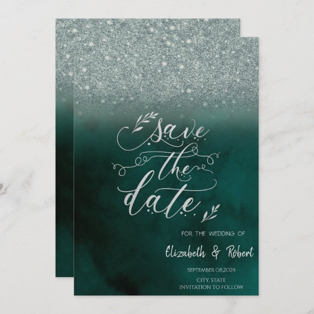 Elegant Glitter Bokeh Green  Save The Date (Front/Back)