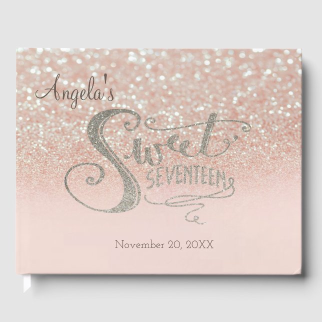 Elegant Glitter Bokeh Ombre ,Sweet 17 Guest Book (Front)