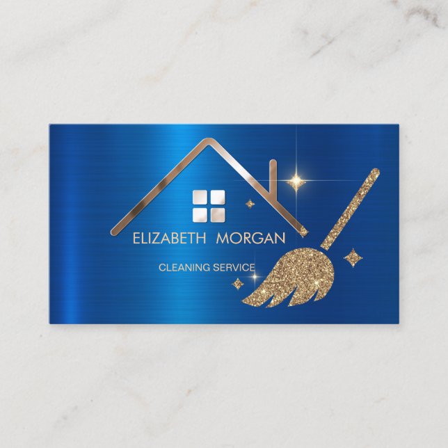 Elegant Glitter Broom House Blue Metallic Business Card (Front)