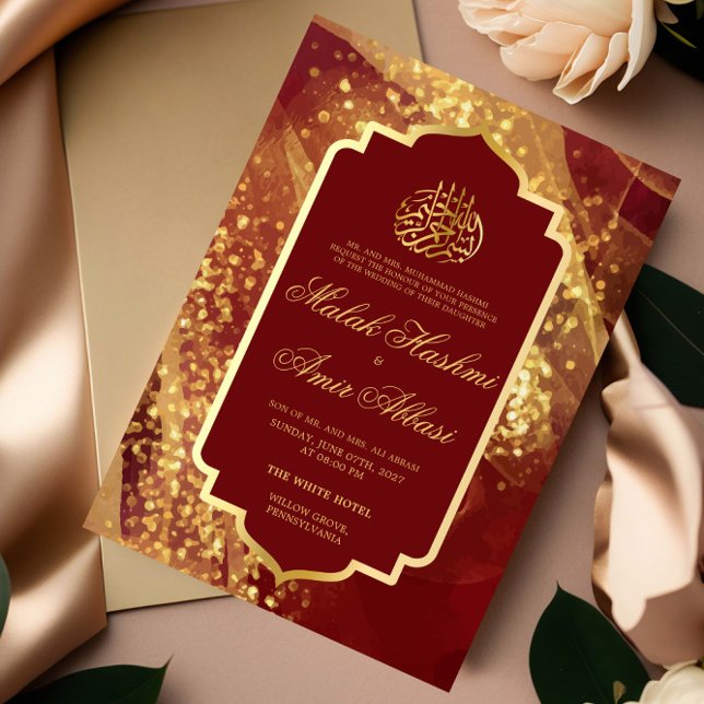 Elegant Glitter Burgundy Islamic Muslim Wedding Invitation (Creator Uploaded)