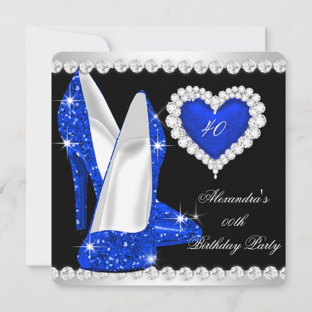 Elegant Glitter Cobalt Blue Heart Shoes Birthday Invitation (Front)