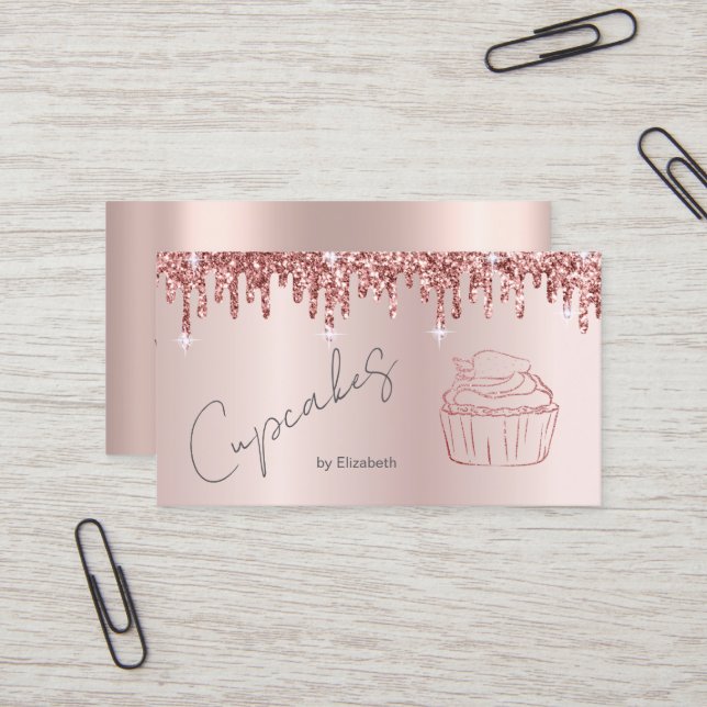 Elegant Glitter Cupcake Rose Gold Drips  Business Card (Front/Back In Situ)