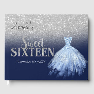 Elegant Glitter Dress Bokeh Blue Sweet 16  Guest Book
