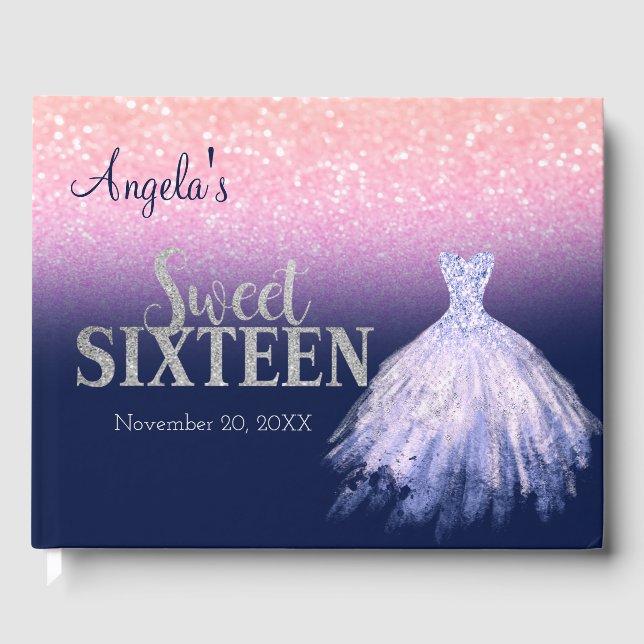 Elegant Glitter Dress Bokeh Navy Blue Sweet 16  Guest Book (Front)