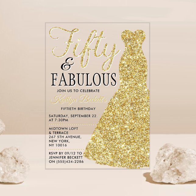 Elegant Glitter Dress | Fifty & Fabulous Birthday Acrylic Invitations (Creator Uploaded)