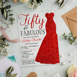 Elegant Glitter Dress   Fifty & Fabulous Birthday Acrylic Invitations