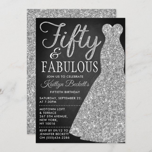 Elegant Glitter Dress | Fifty & Fabulous Birthday Invitation (Front/Back)