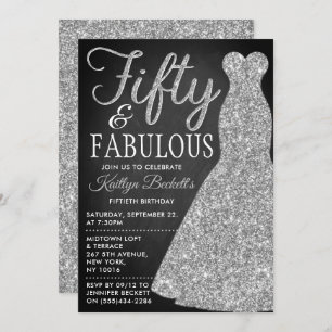 Elegant Glitter Dress   Fifty & Fabulous Birthday Invitation
