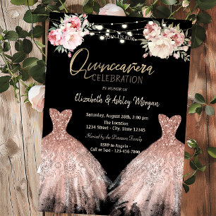  Elegant Glitter Dress Floral Black Quinceanera Invitation