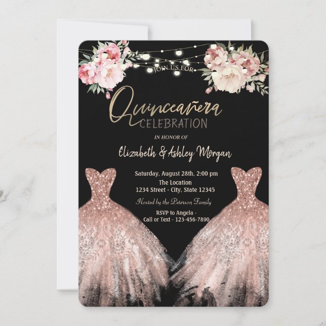  Elegant Glitter Dress Floral Black Quinceanera Invitation (Front)