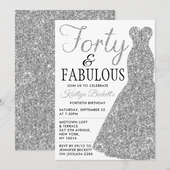 Elegant Glitter Dress | Forty & Fabulous Birthday Invitation (Front/Back)