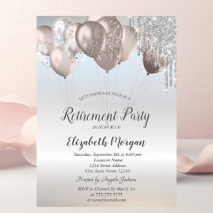 Elegant Glitter Drips Balloons Silver Retirement   Invitation