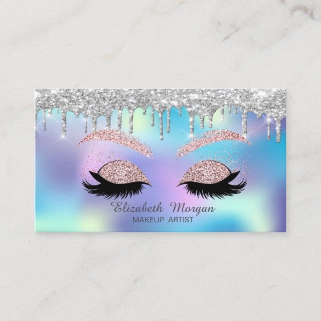 Elegant Glitter Drips Faux Lashes Blue Holographic Business Card (Front)