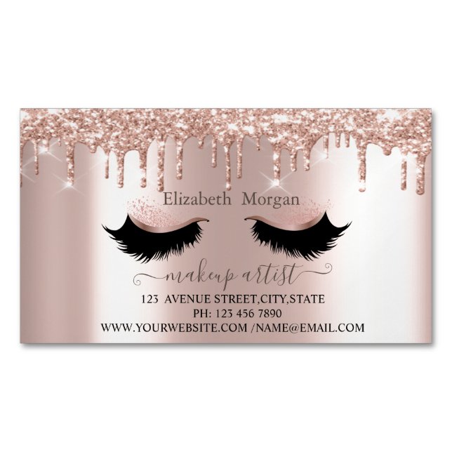 Elegant Glitter Drips Faux Lashes,Makeup Artist Magnetic Business Card (Front)
