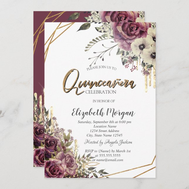Elegant Glitter Drips,Floral Quinceañera Party Invitation (Front/Back)