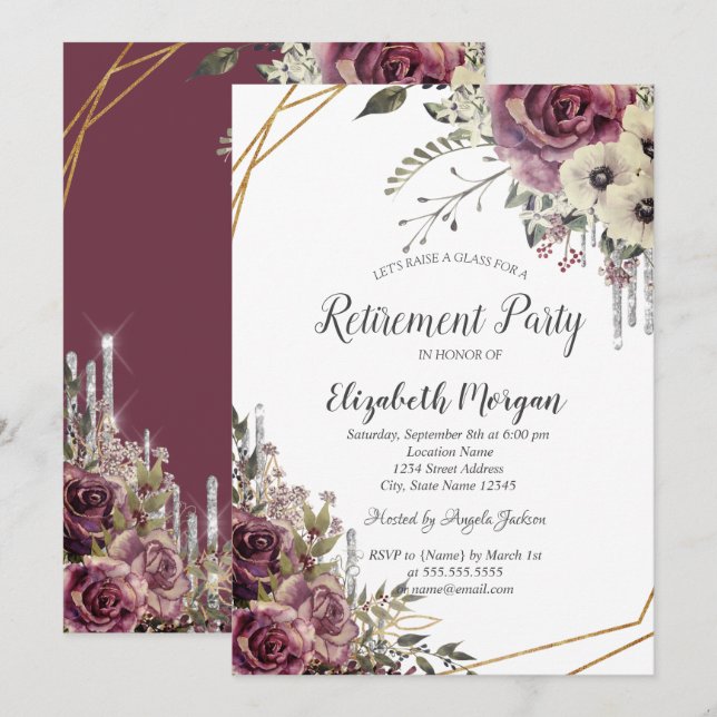 Elegant Glitter Drips,Floral Retirement  Invitation (Front/Back)
