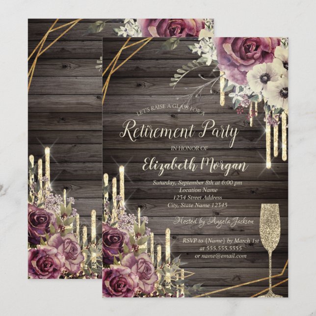 Elegant Glitter Drips,Glass,Floral Retirement   Invitation (Front/Back)