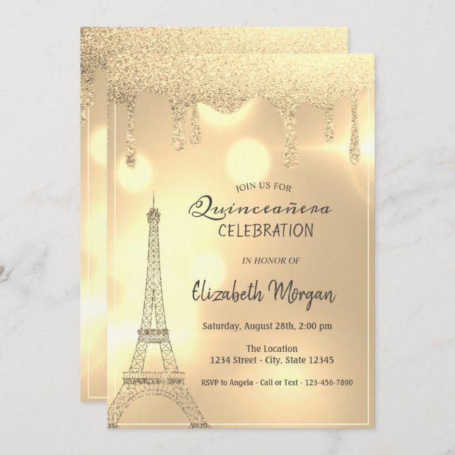Elegant Glitter Drips,Gold Eiffel Tower Bokeh Invitation (Front/Back)