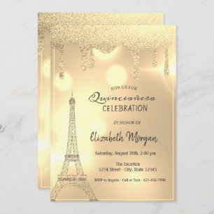 Elegant Glitter Drips,Gold Eiffel Tower Bokeh Invitation