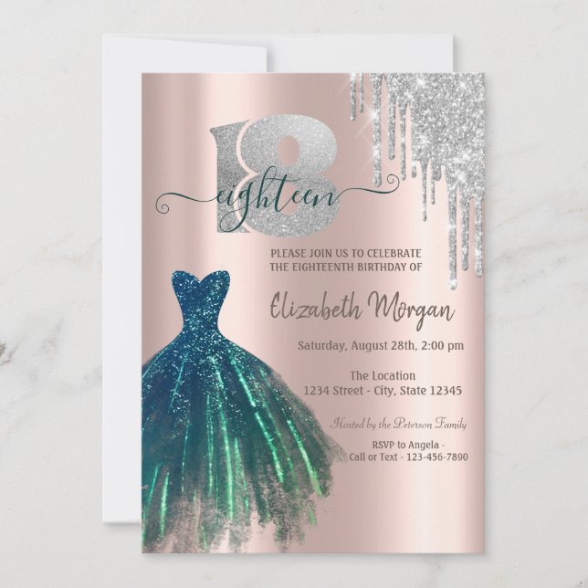 Elegant Glitter Drips Green Dress 18th Birthday Invitation (Front)