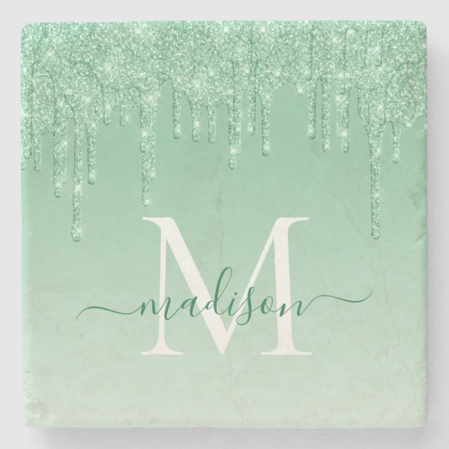 Elegant Glitter Drips Mint Green Monogram Script Stone Coaster (Front)