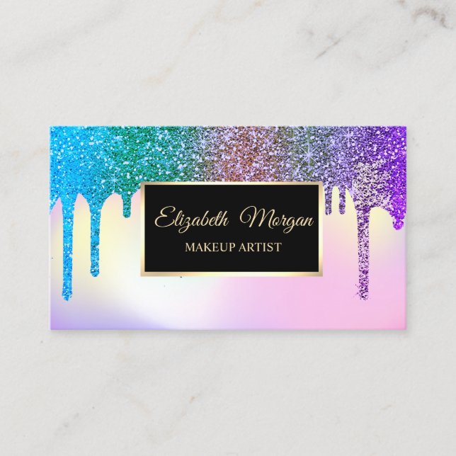 Elegant Glitter Drips Ombre Holographic Frame Business Card (Front)