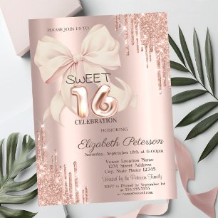 Elegant Glitter Drips Pink Bow Rose Gold Sweet 16  Invitation