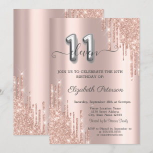 Elegant Glitter Drips Rose Gold 11th Birthday  Invitation