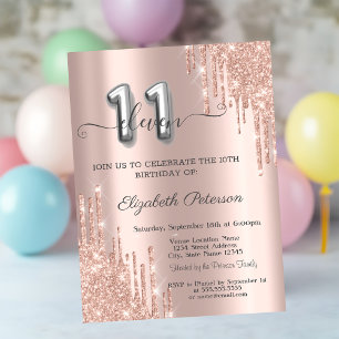 Elegant Glitter Drips Rose Gold 11th Birthday Invitation