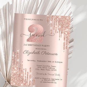 Elegant Glitter Drips Rose Gold 2nd Birthday Invitation