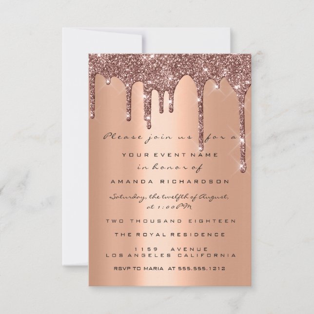 Elegant Glitter Drips Rose Gold  Bridal Sweet 16th Invitation (Front)