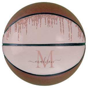 Elegant Glitter Drips Rose Gold Monogram Script Basketball