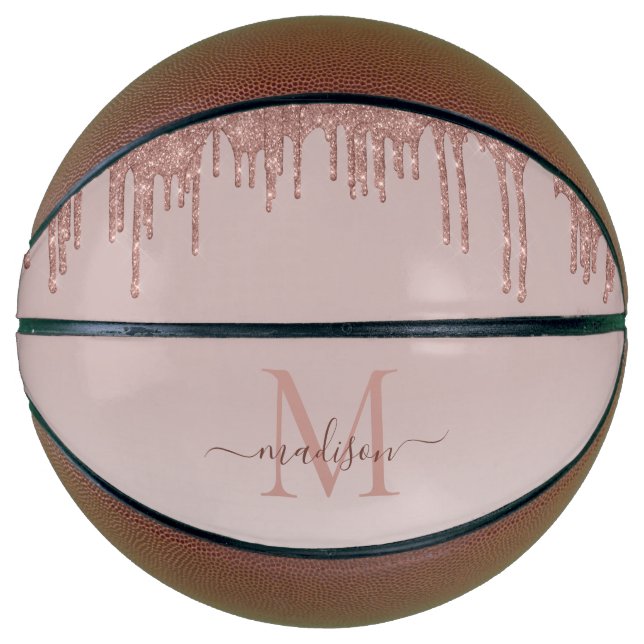 Elegant Glitter Drips Rose Gold Monogram Script Basketball (Front)