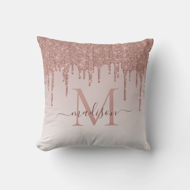 Elegant Glitter Drips Rose Gold Monogram Script Cushion (Front)
