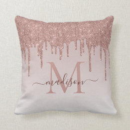 Elegant Glitter Drips Rose Gold Monogram Script Cushion