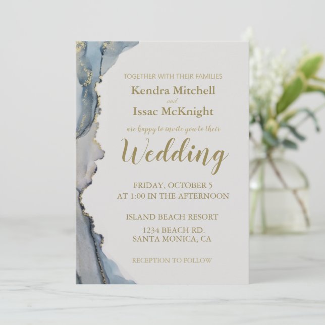Elegant Glitter Dusty Blue Gold Invitation (Standing Front)