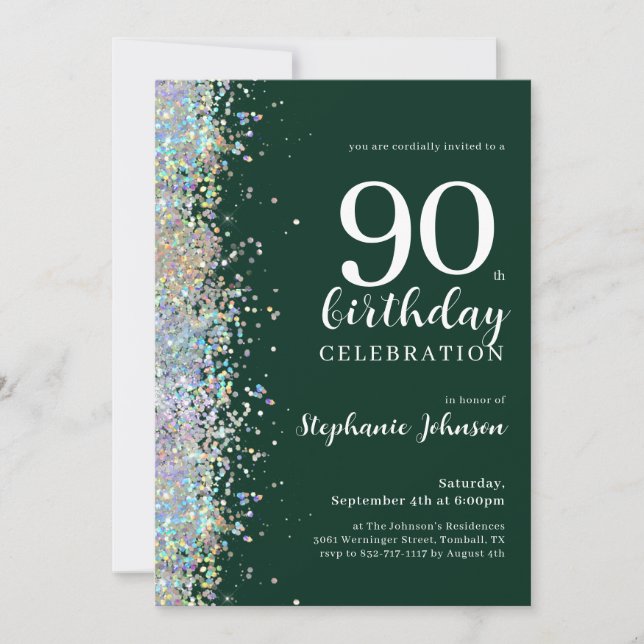 Elegant Glitter Emerald Green 90th Birthday Invitation (Front)