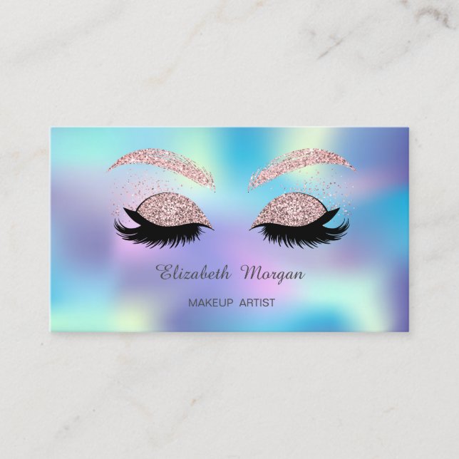 Elegant Glitter Faux Lashes Blue Holographic Business Card (Front)